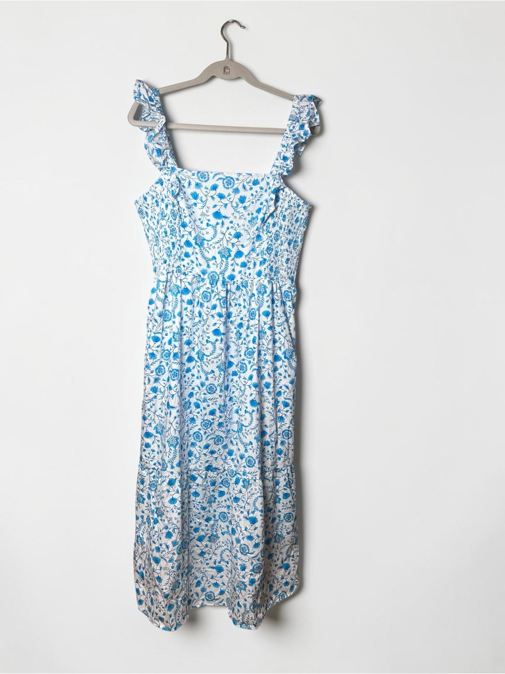 Draper James Blue Floral Cotton Maxi Dress Size L Smocked Bust Pockets Coastal - Picture 5 of 12